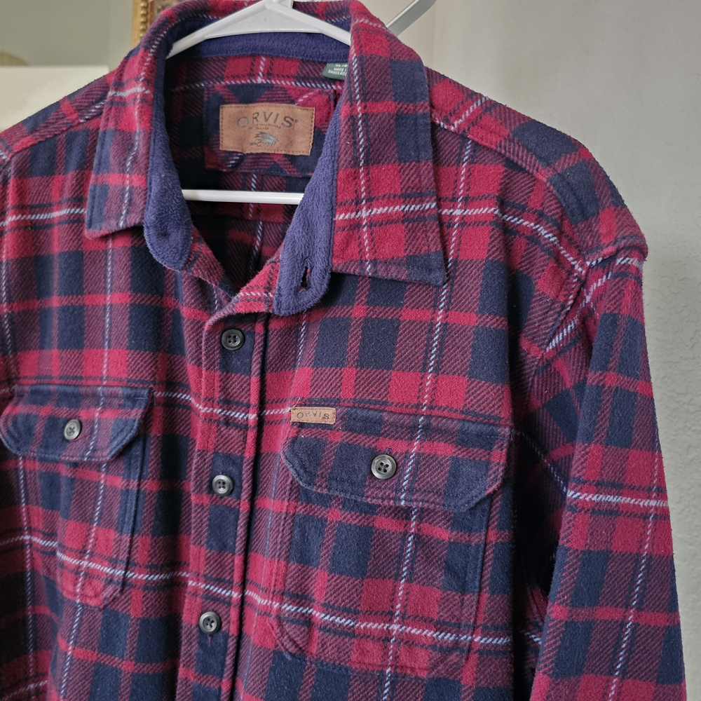 Orvis Red and Navy Heavyweight Thick Plaid Button-Down Shirt - XL